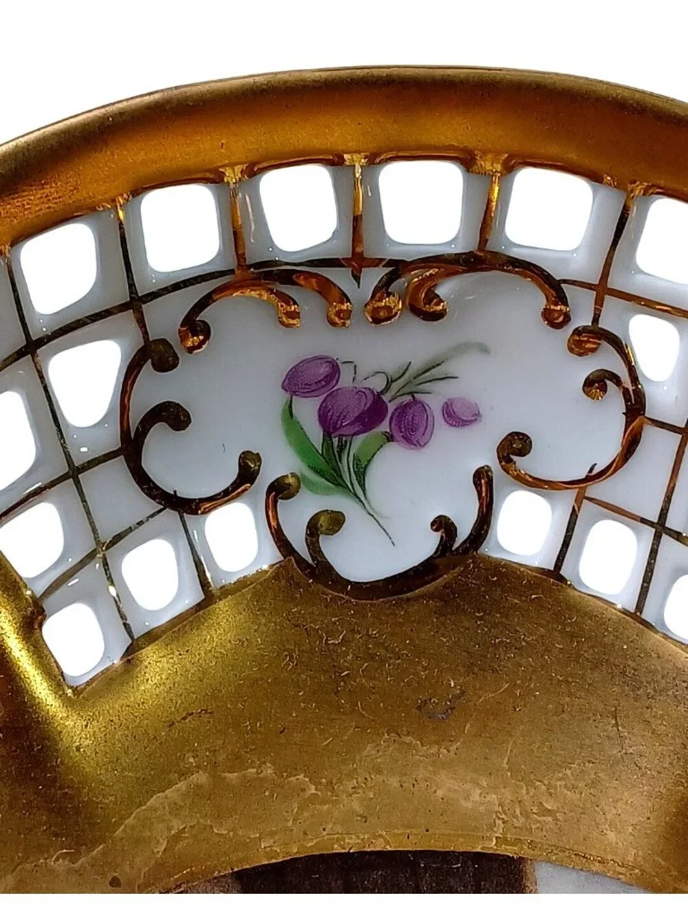 Antique Royal KPM Gold Reticulated Bowl With Pastoral Scene Hand-Painted Floral
